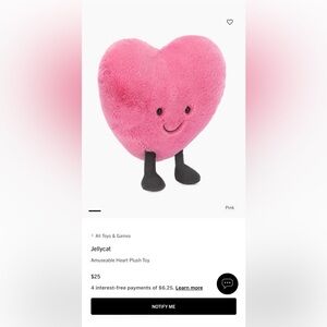Jellycat Pink Heart Plush with Black Legs